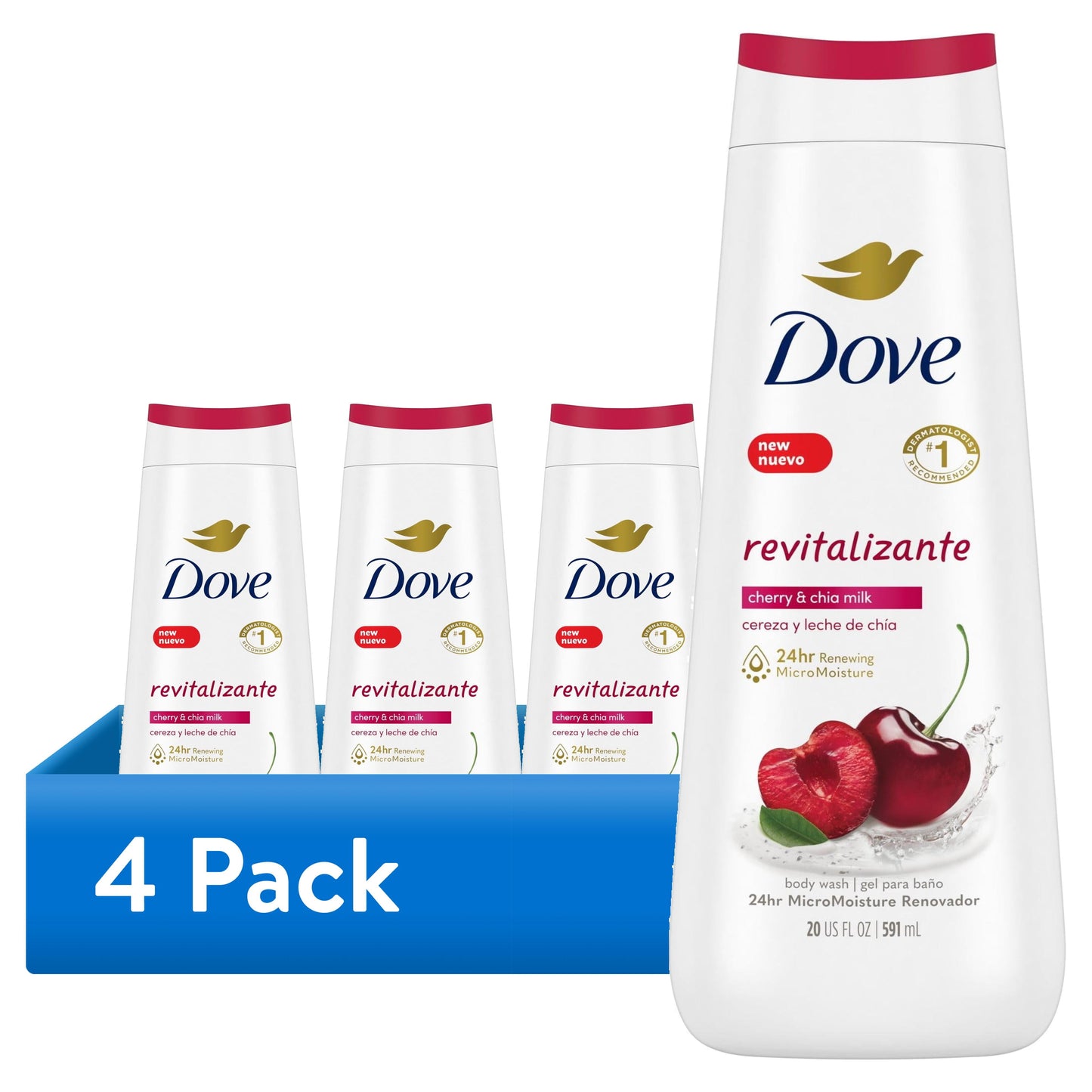 (4 Pack) Body Wash for Women Moisturizing Revitalize Cherry & Chia Milk Cleanser, 20 Oz